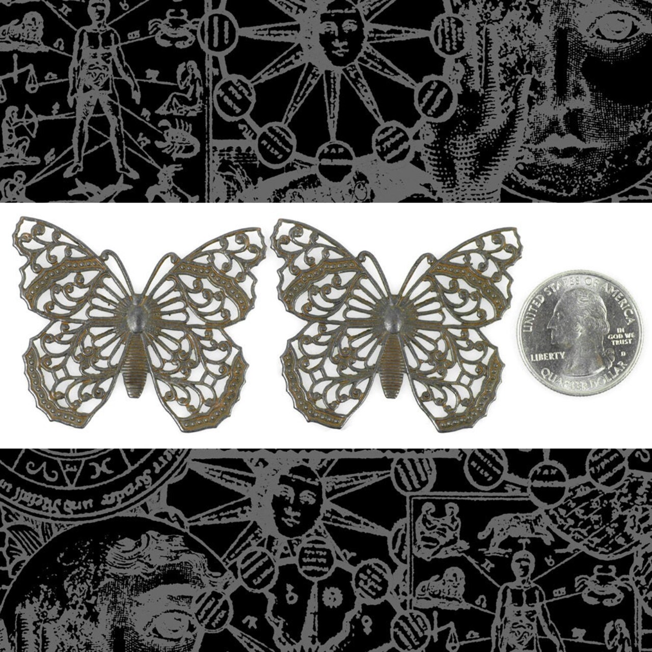 Chocolate Brown Plated Brass Filigree Butterfly Pendants - Set of Two - RB-P14